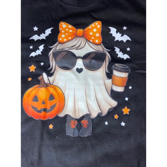 Halloween Ghost Graphic T-Shirt Black With Pumpkin & Coffee Design XL Unisex Cot - Picture 1 of 5